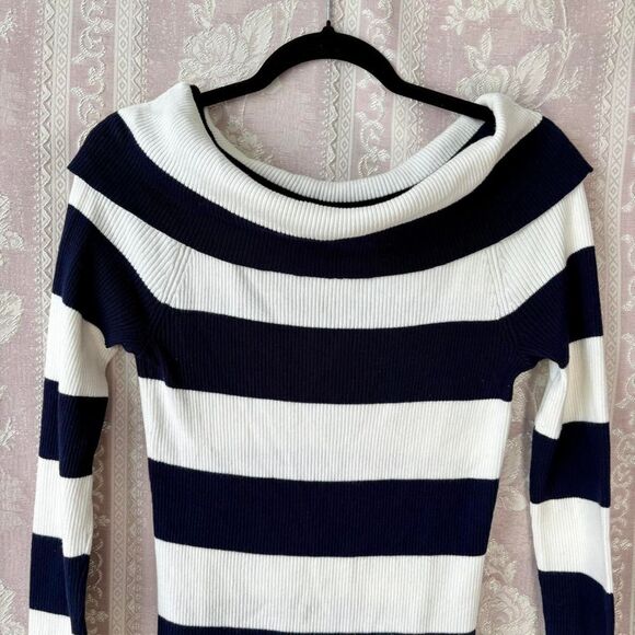 Tommy Hilfiger Women's White and Navy Striped Off Shoulder Sweater - Picture 2 of 5